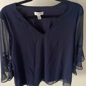 Calvin Klein Navy Blouse with Sheer Sleeves